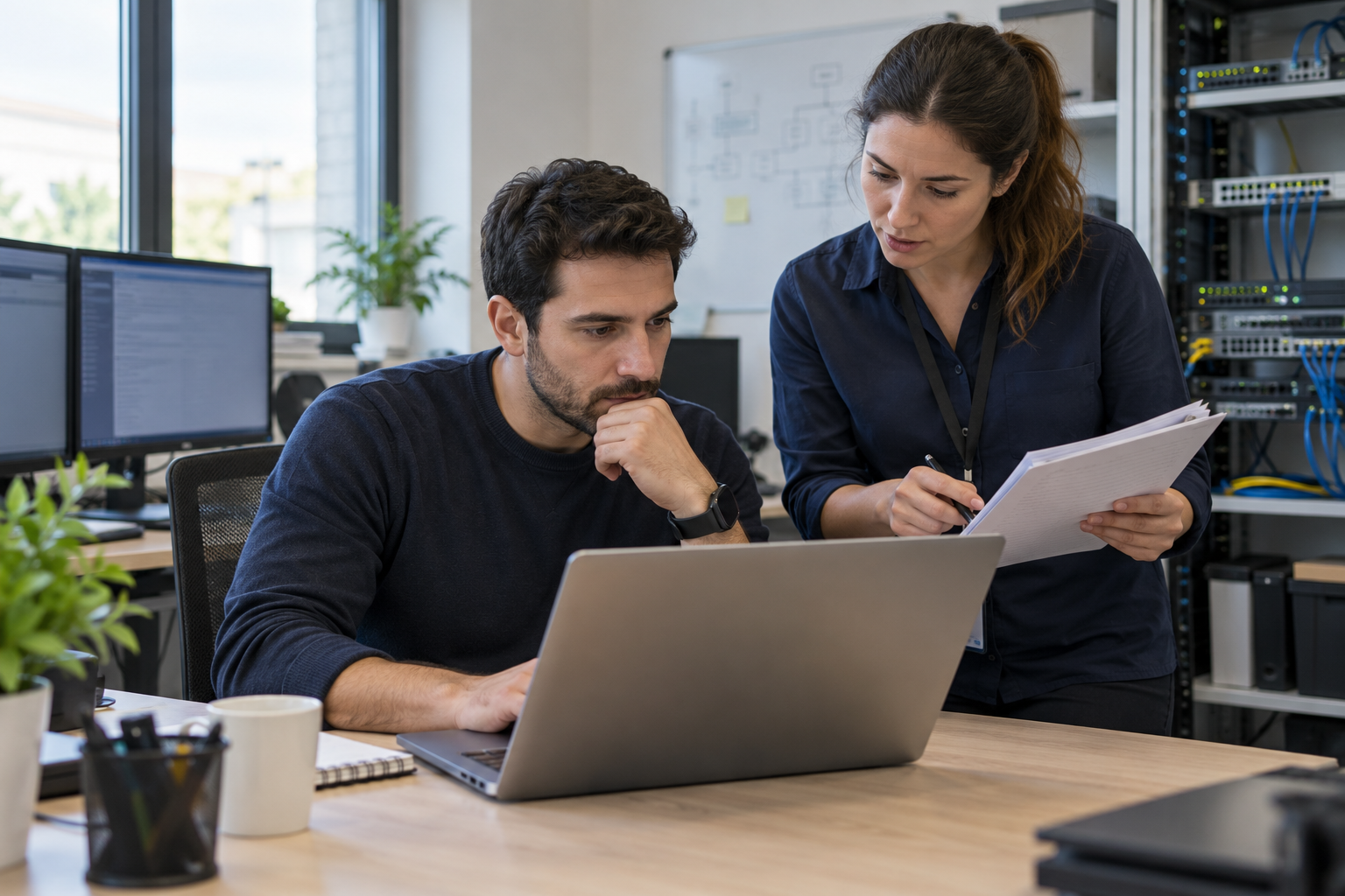 Dos profesionales de soporte IT coordinan la recuperación cuando se cae el sistema de tu empresa.